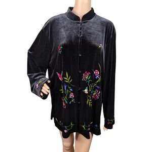 Susan Graver Art to Wear Velvet Top XL Black Embroidered Floral Mandarin Collar